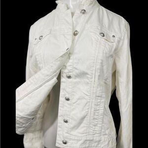 Chico’s Platinum White Ruffle Denim Jean Jacket Size 3 (12/14) Boho Chic Preppy